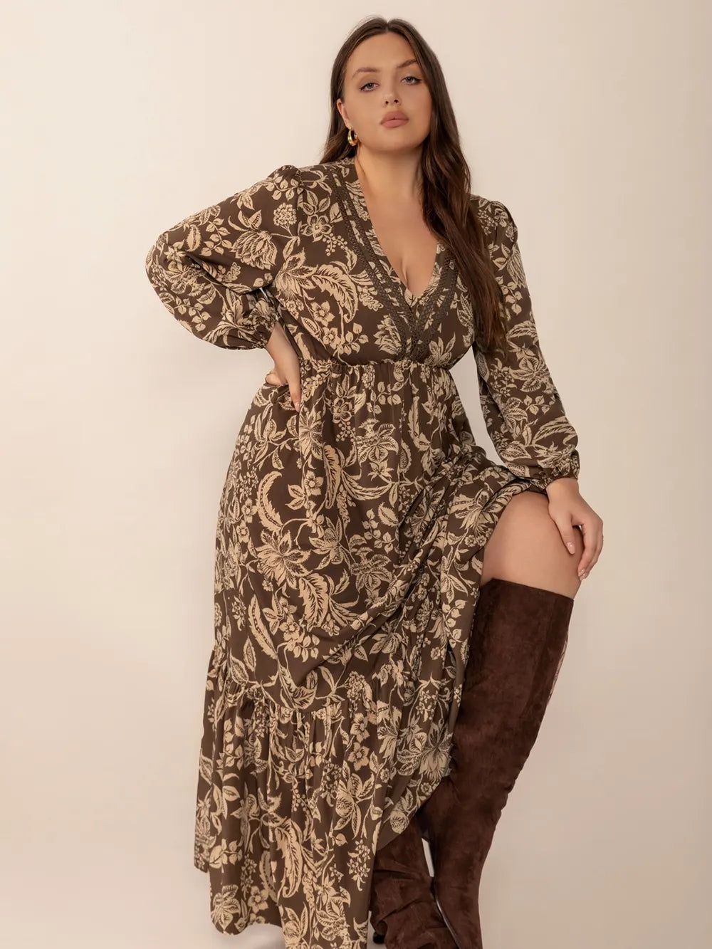 Plus Size Printed V-Neck Balloon Sleeve Maxi Dress - LoveNest Treasures