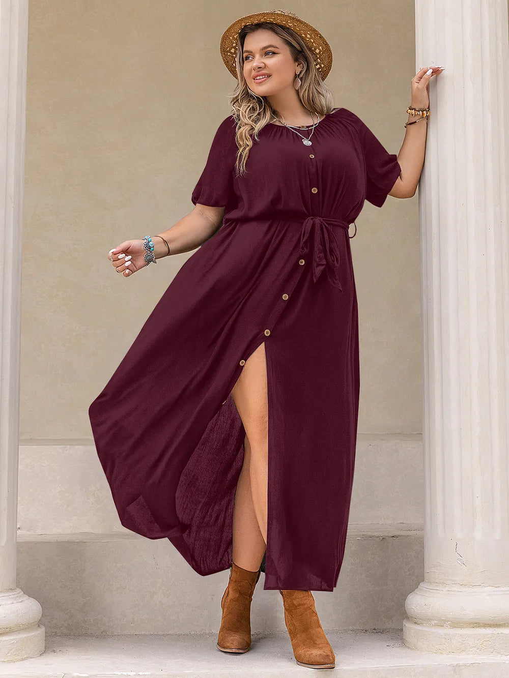 Plus Size Round Neck Half Sleeve Dress - LoveNest Treasures