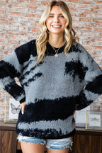 First Love Full Size Abstract Pattern Contrast Feather Yarn Sweater - LoveNest Treasures