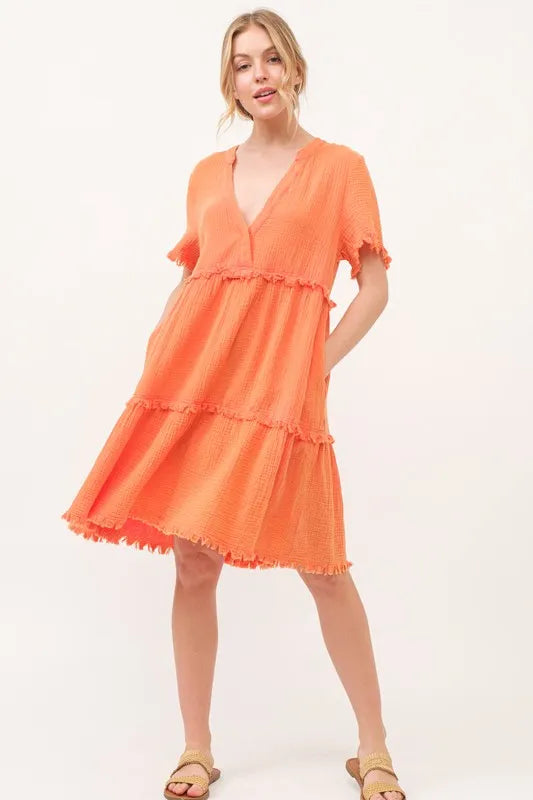 And The Why Washed Frayed Detail Tiered Dress - LoveNest Treasures