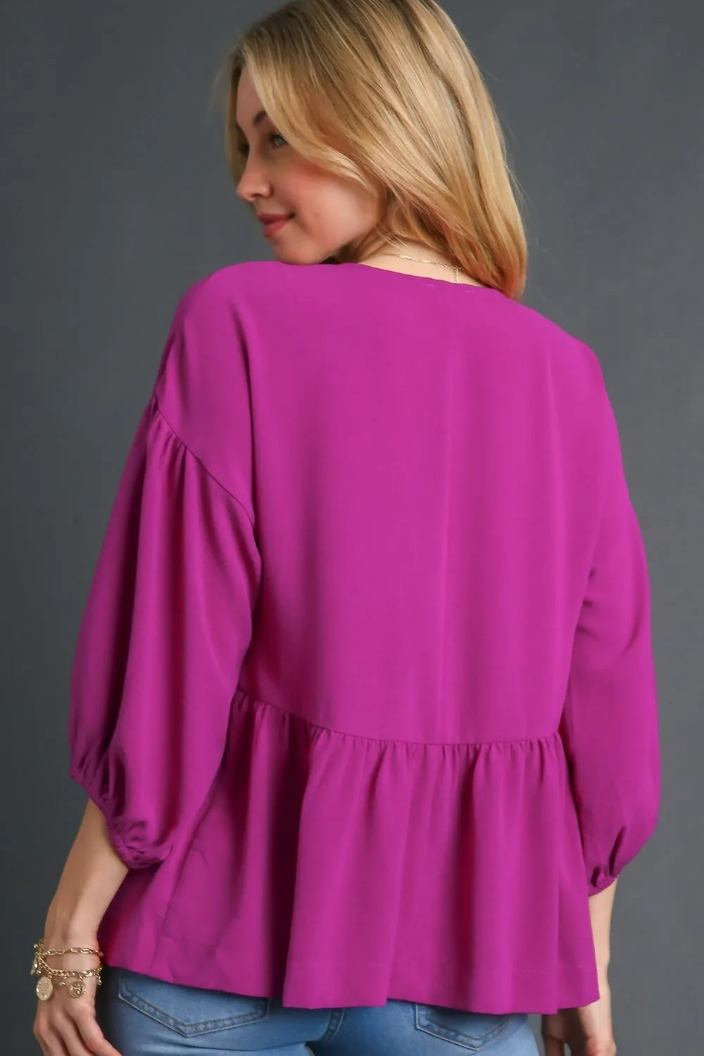 Umgee Full Size V-Neck Puffed 3/4 Sleeve Babydoll Blouse Plus Size - LoveNest Treasures