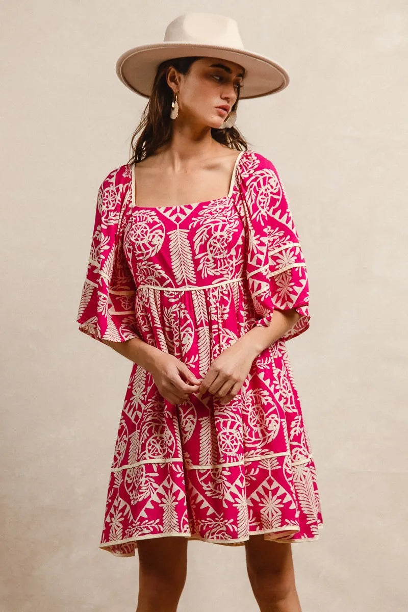 BiBi Aztec Woven Printed Contrast Binding Dress - LoveNest Treasures