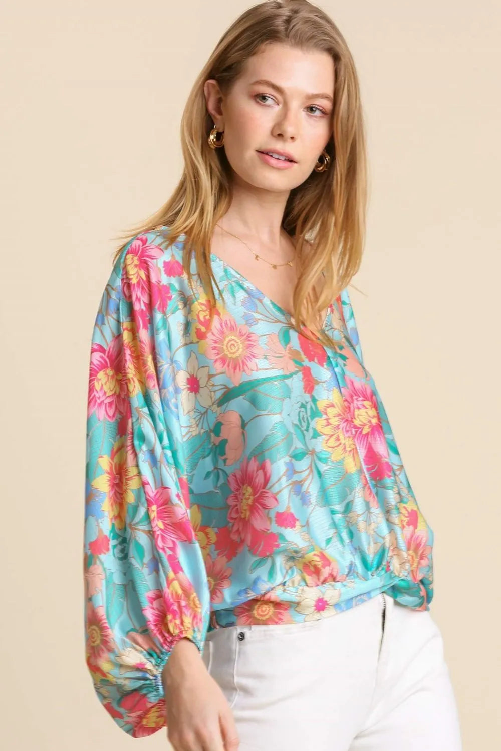 Umgee USA Full Size Floral Print Smocked Back Hem V-Neck Blouse Plus Size - LoveNest Treasures