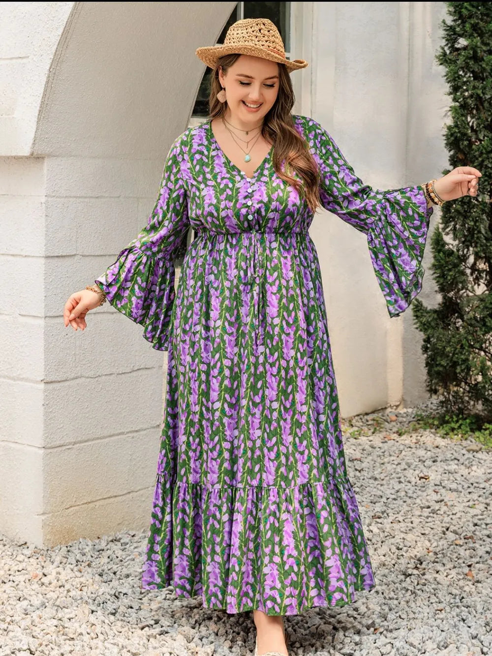 Plus Size Printed V-Neck Long Sleeve Maxi Dress - LoveNest Treasures