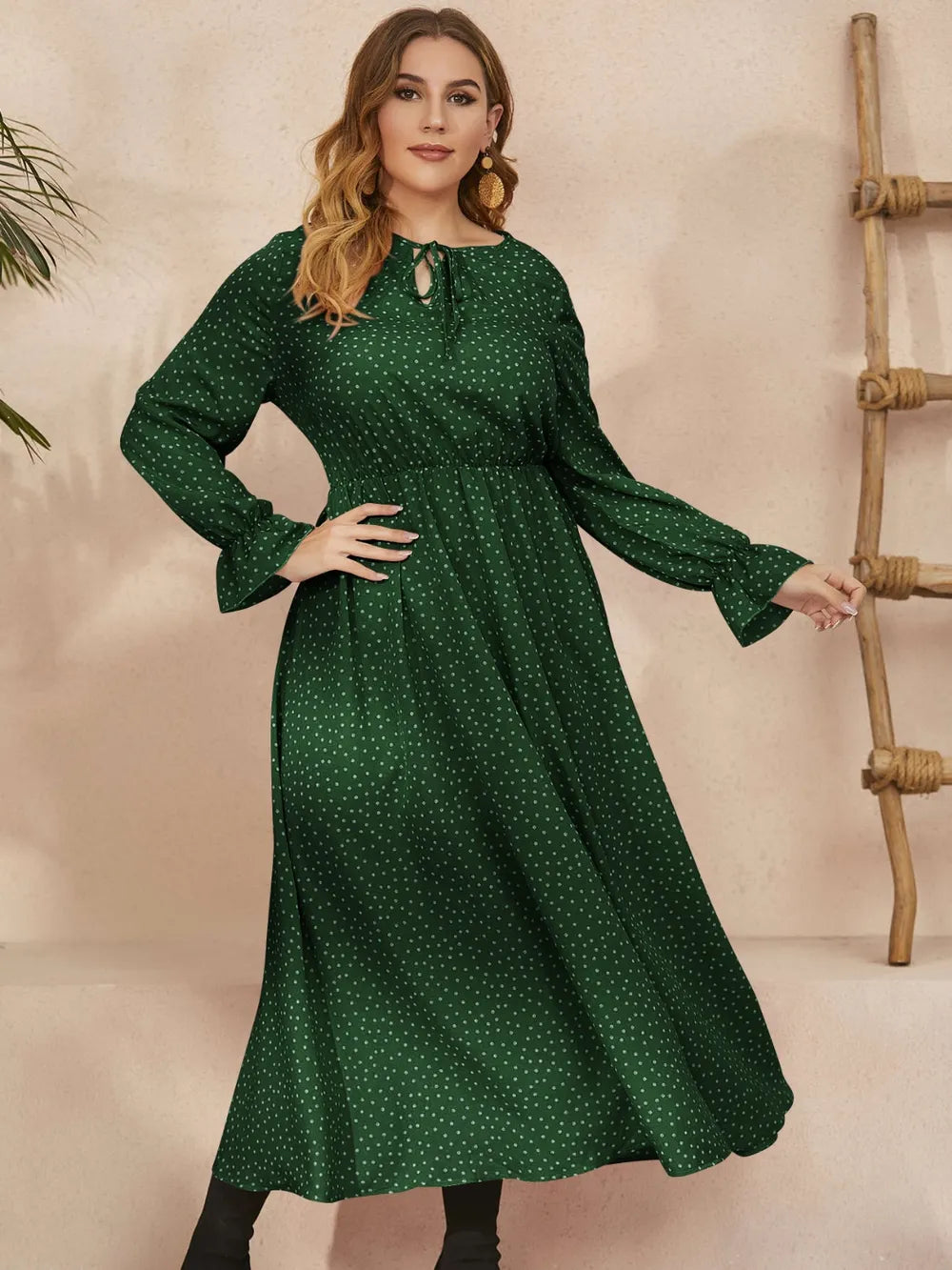 Honey Plus Size Ruffled Polka Dot Long Sleeve Midi Dress - LoveNest Treasures