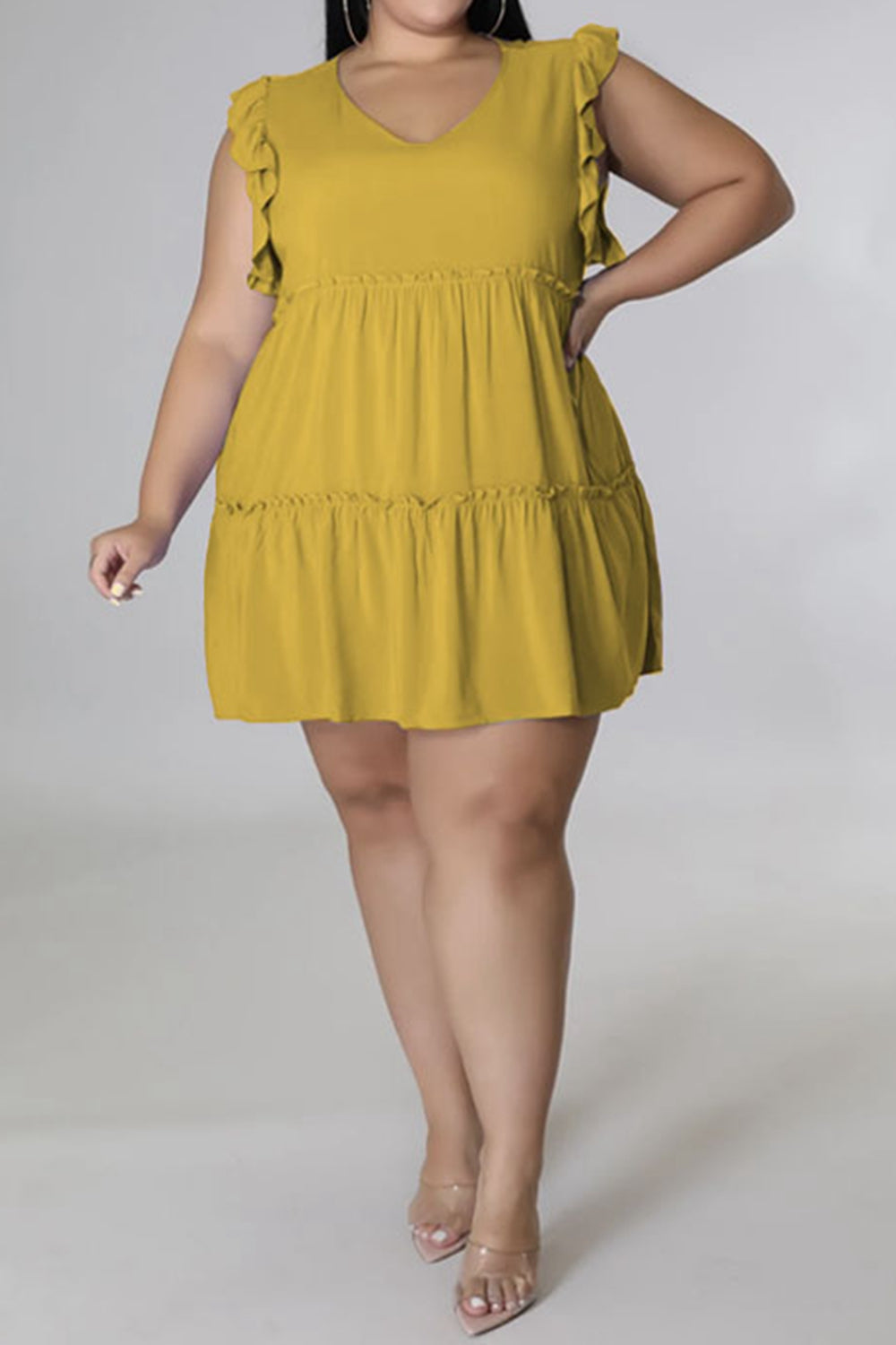 Plus Size V-Neck Frill Trim Mini Dress - LoveNest Treasures