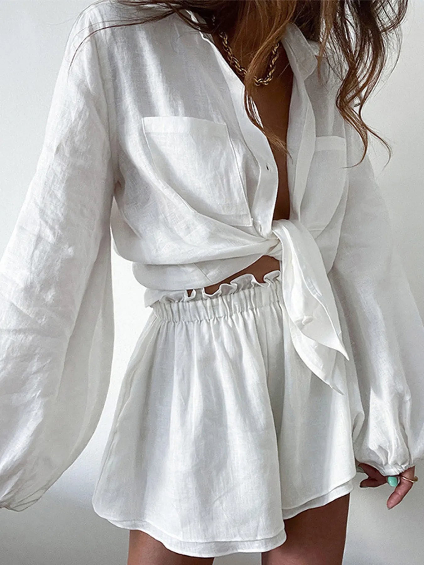 Full Size Button Up Balloon Sleeve Top and Shorts Set Plus Size - LoveNest Treasures