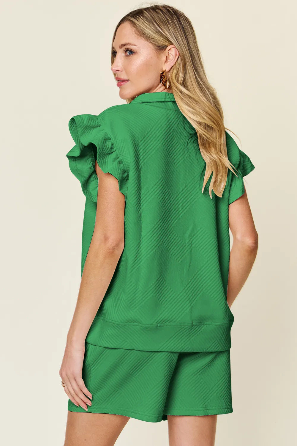 Double Take Full Size Texture Flounce Sleeve Top and Drawstring Shorts Set - LoveNest Treasures