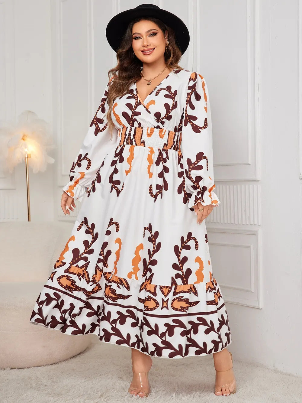 Honey Plus Size Printed Surplice Flounce Sleeve Dress - LoveNest Treasures