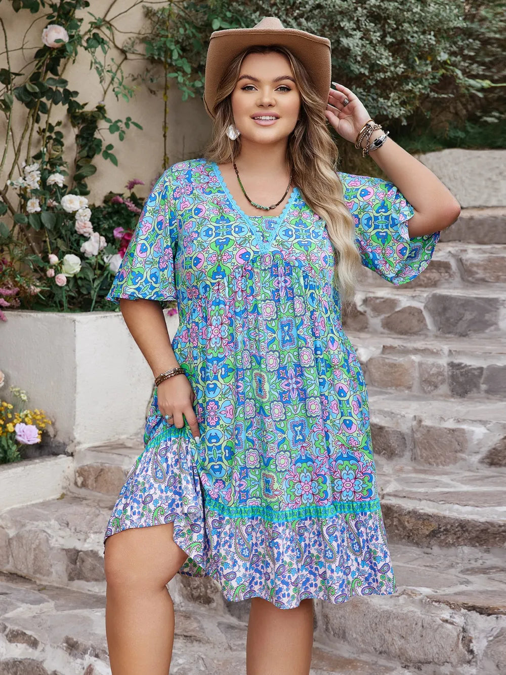 Plus Size Ruffled Hem Lace Detail Printed Half Sleeve Dress - LoveNest Treasures