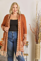 ADORA Full Size Fringe Hem Aztec Border Cardigan Plus Size - LoveNest Treasures