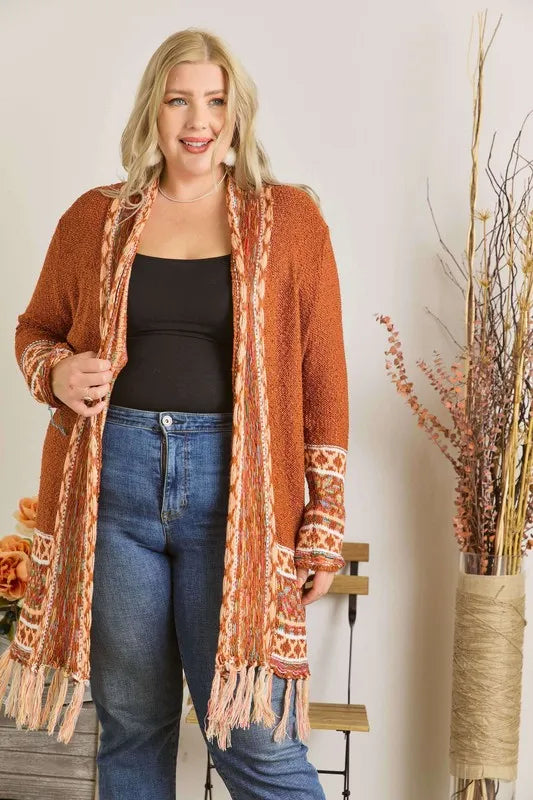 ADORA Full Size Fringe Hem Aztec Border Cardigan Plus Size - LoveNest Treasures