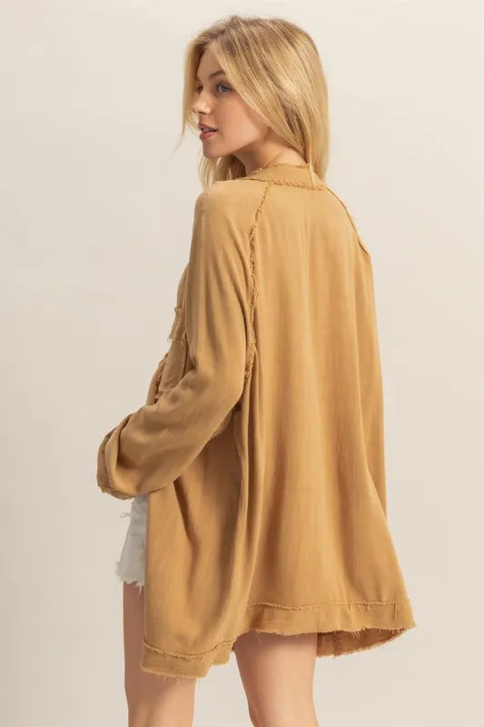HYFVE Raw Edge Button Down Raglan Sleeve Shirt - LoveNest Treasures