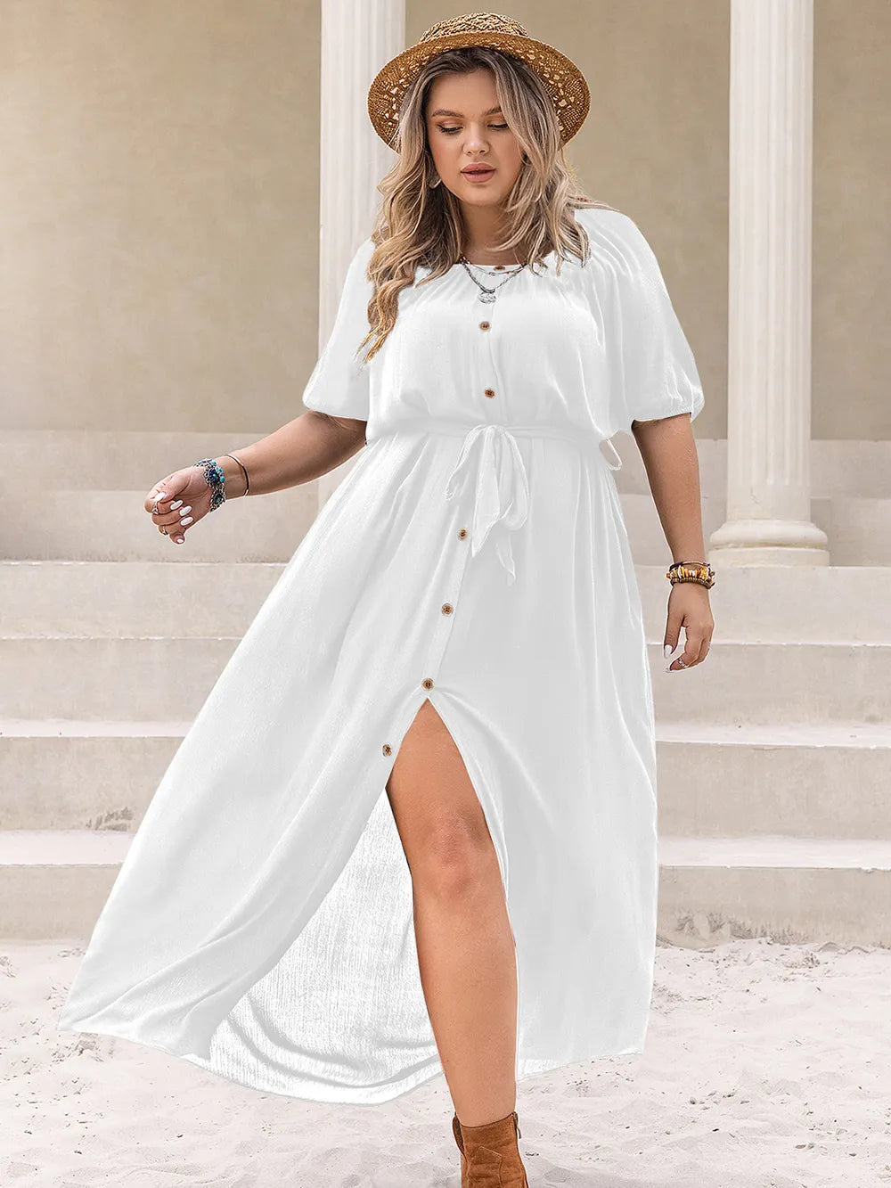Plus Size Round Neck Half Sleeve Dress - LoveNest Treasures