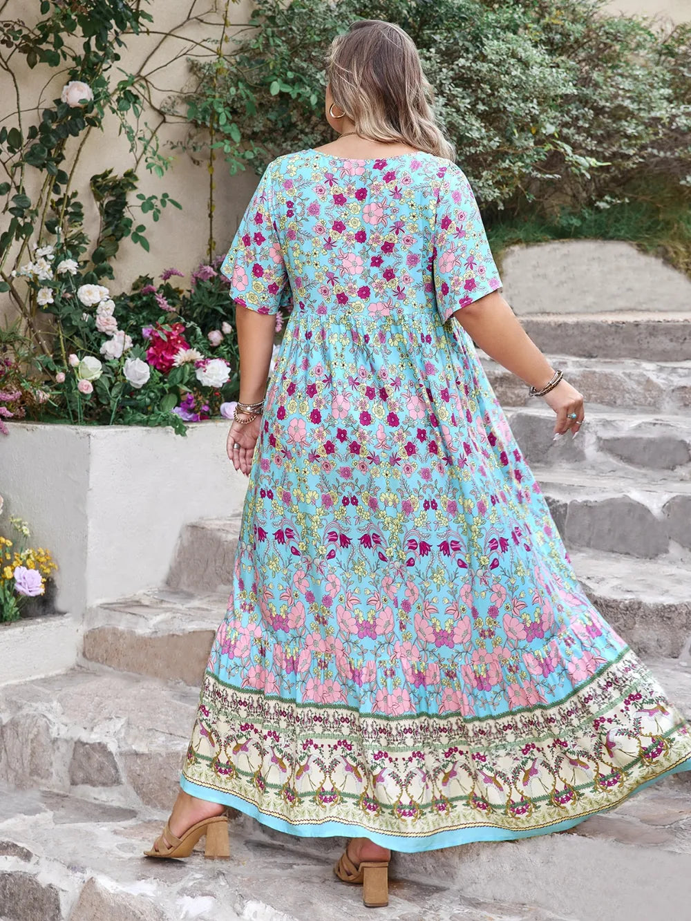 Plus Size Printed Tie Neck Flutter Sleeve Maxi Dress - LoveNest Treasures