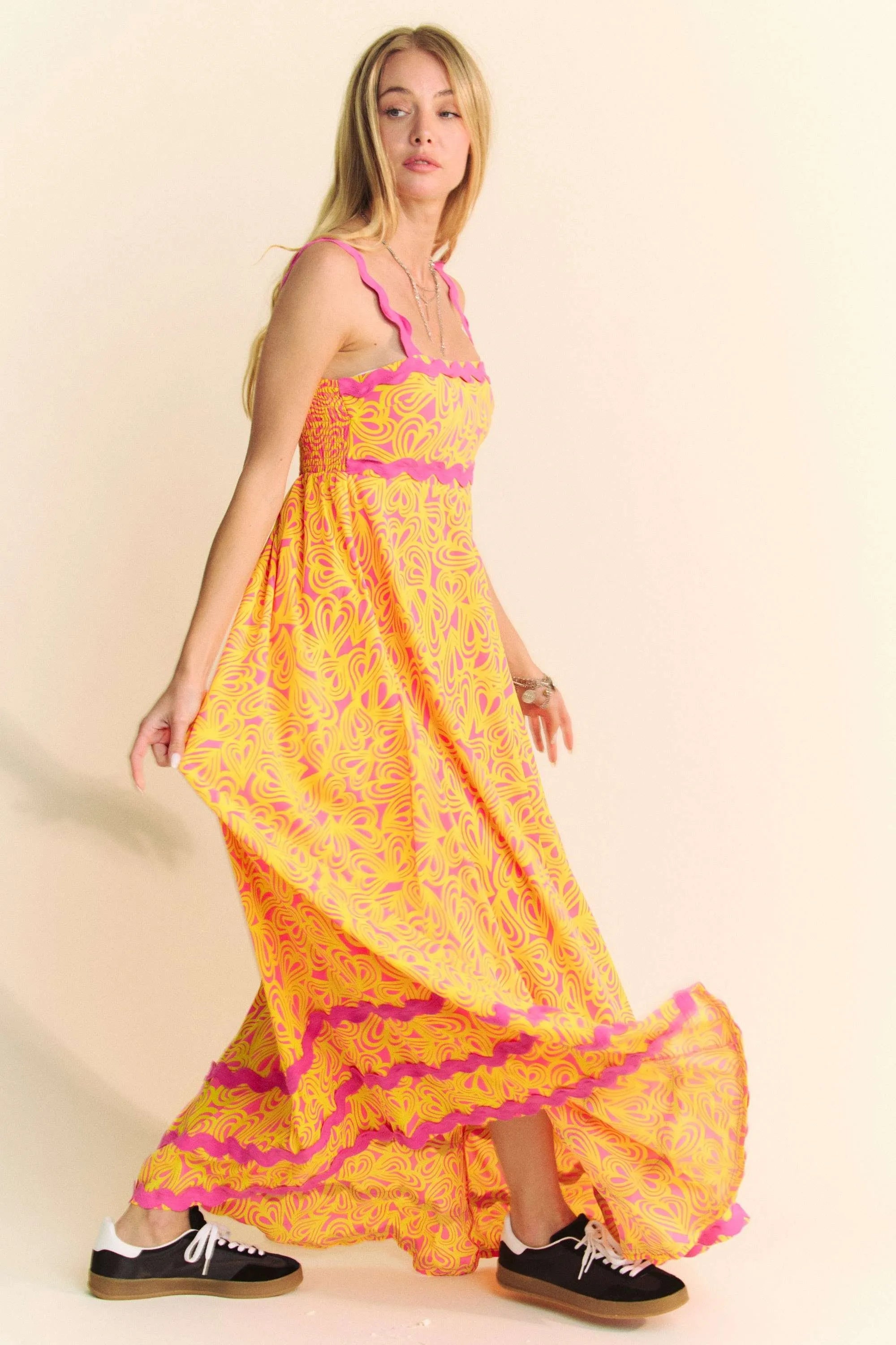 Davi & Dani Geo 2 Tone Printed Wavi Trim Tiered Maxi Dress - LoveNest Treasures