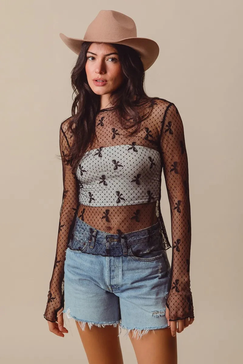 SO ME Bow Ribbon Pattern Sheer Lace Top - LoveNest Treasures