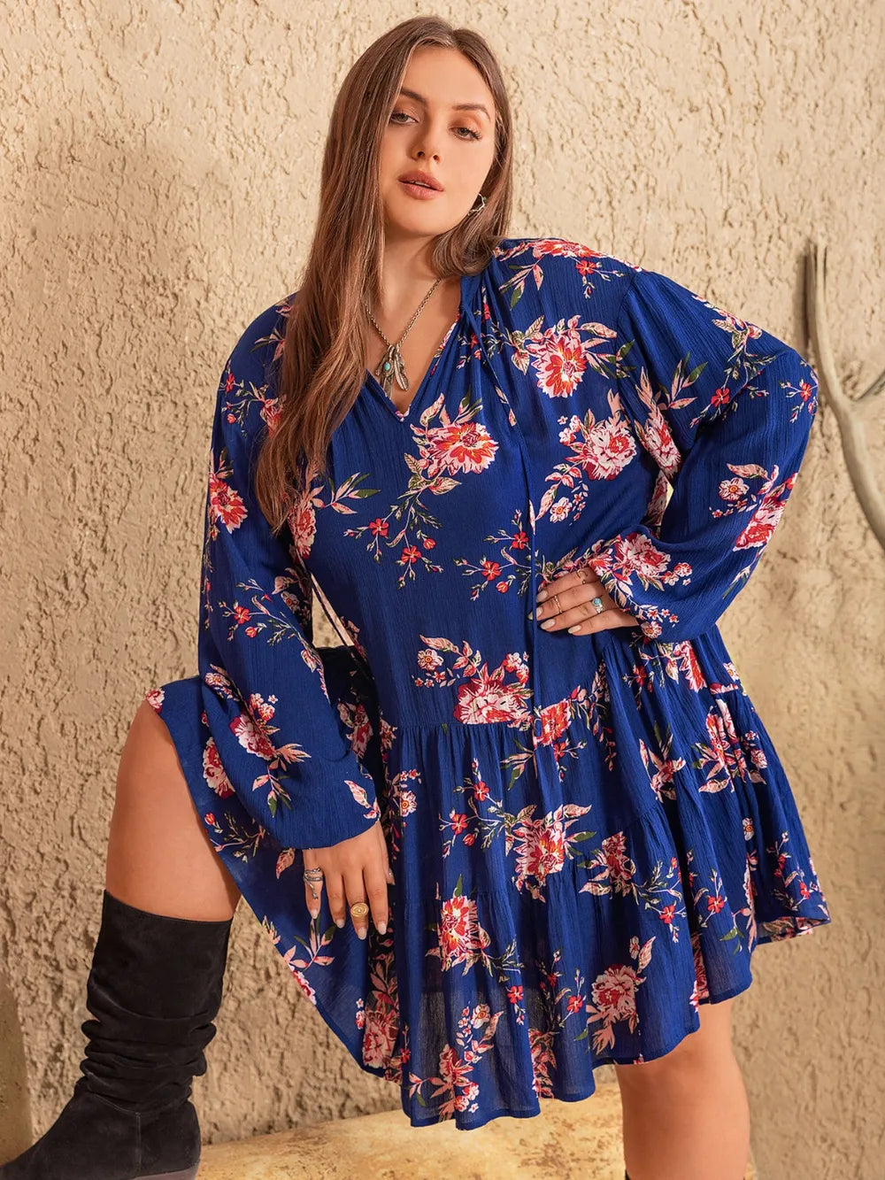 Plus Size Printed Tie Neck Balloon Sleeve Mini Dress - LoveNest Treasures