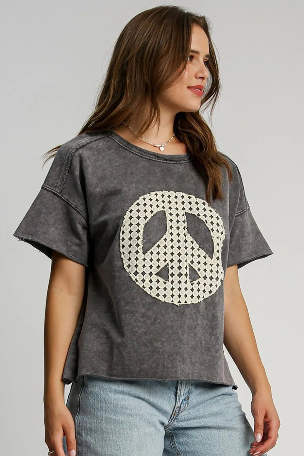 Umgee Full Size Mineral Wash T-Shirt with Lace Applique Plus Size - LoveNest Treasures