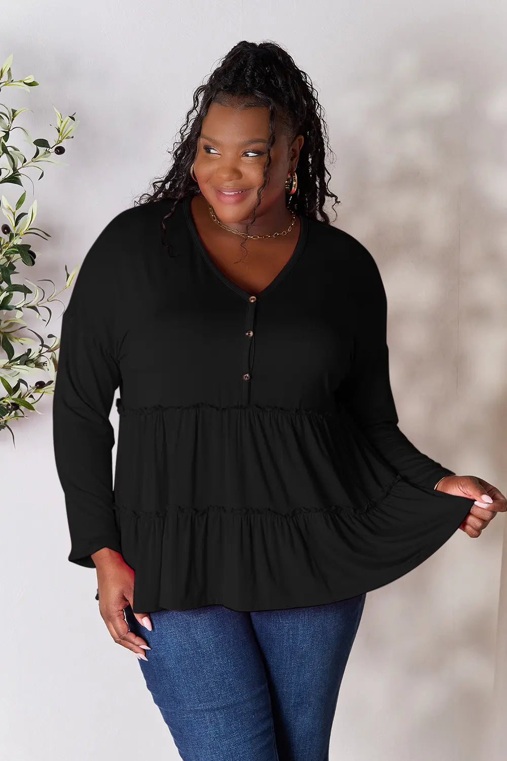 Double Take Half Button Long Sleeve Ruffle Hem Blouse - LoveNest Treasures