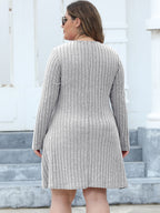 Plus Size Ribbed Buttoned V-Neck Long Sleeve Dress - LoveNest Treasures