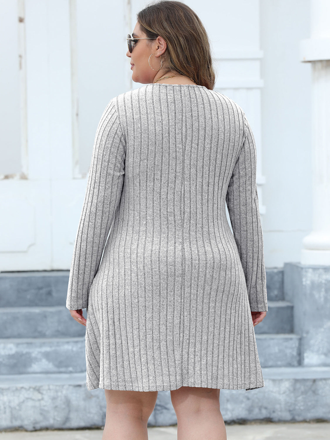 Plus Size Ribbed Buttoned V-Neck Long Sleeve Dress - LoveNest Treasures