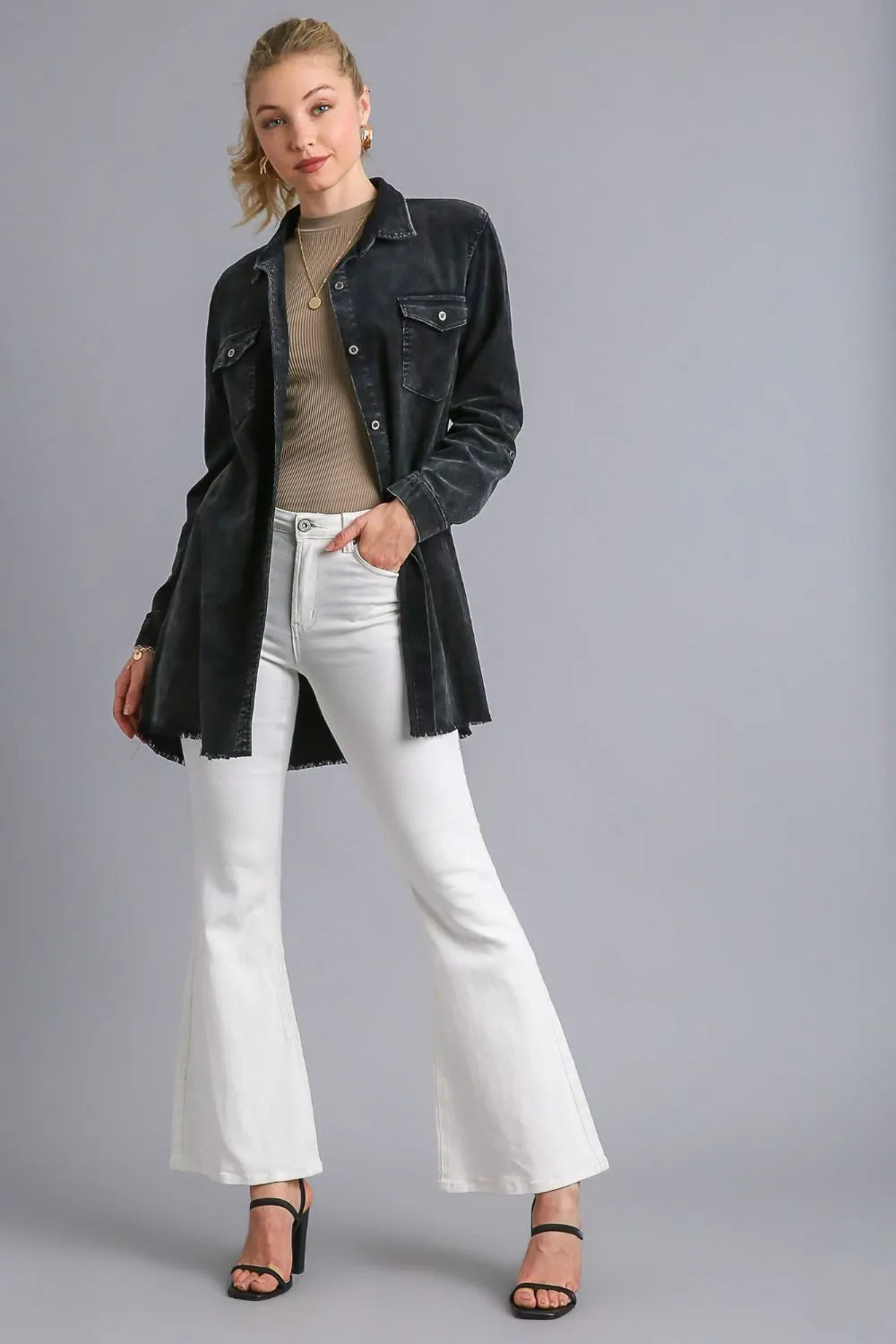 Umgee Raw Hem Button Down Denim Jacket with Chest Pockets - LoveNest Treasures