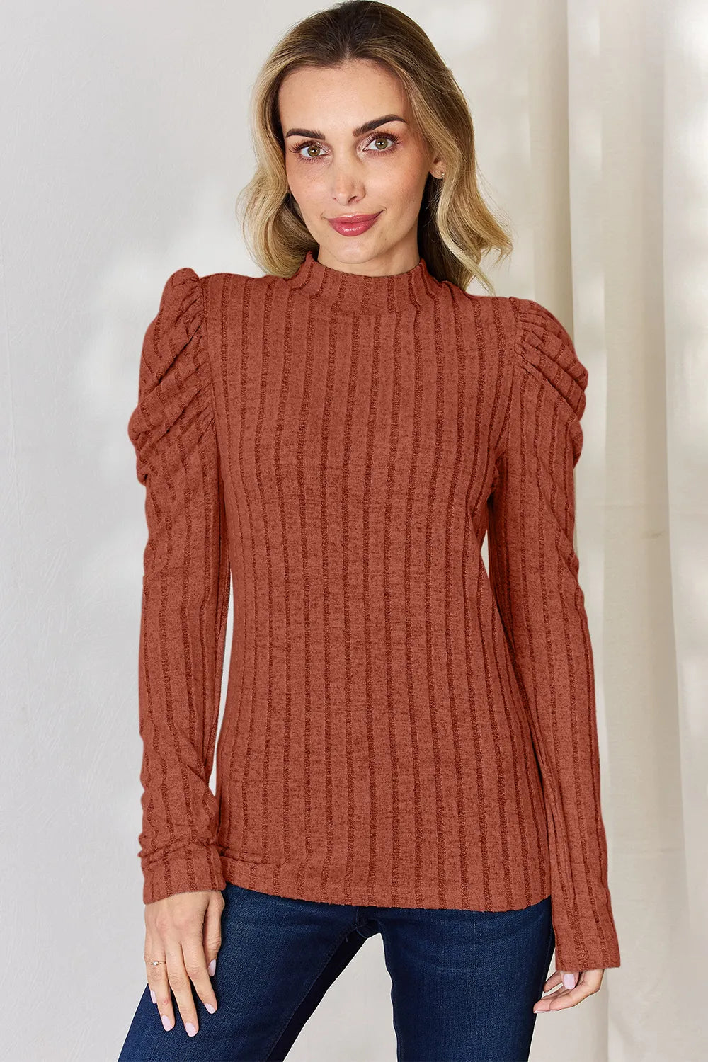 Basic Bae Full Size Ribbed Mock Neck Puff Sleeve T-Shirt - LoveNest Treasures