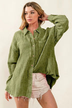 BiBi Raw Edge Detailed Mineral Washed Loose Fit Shirt - LoveNest Treasures