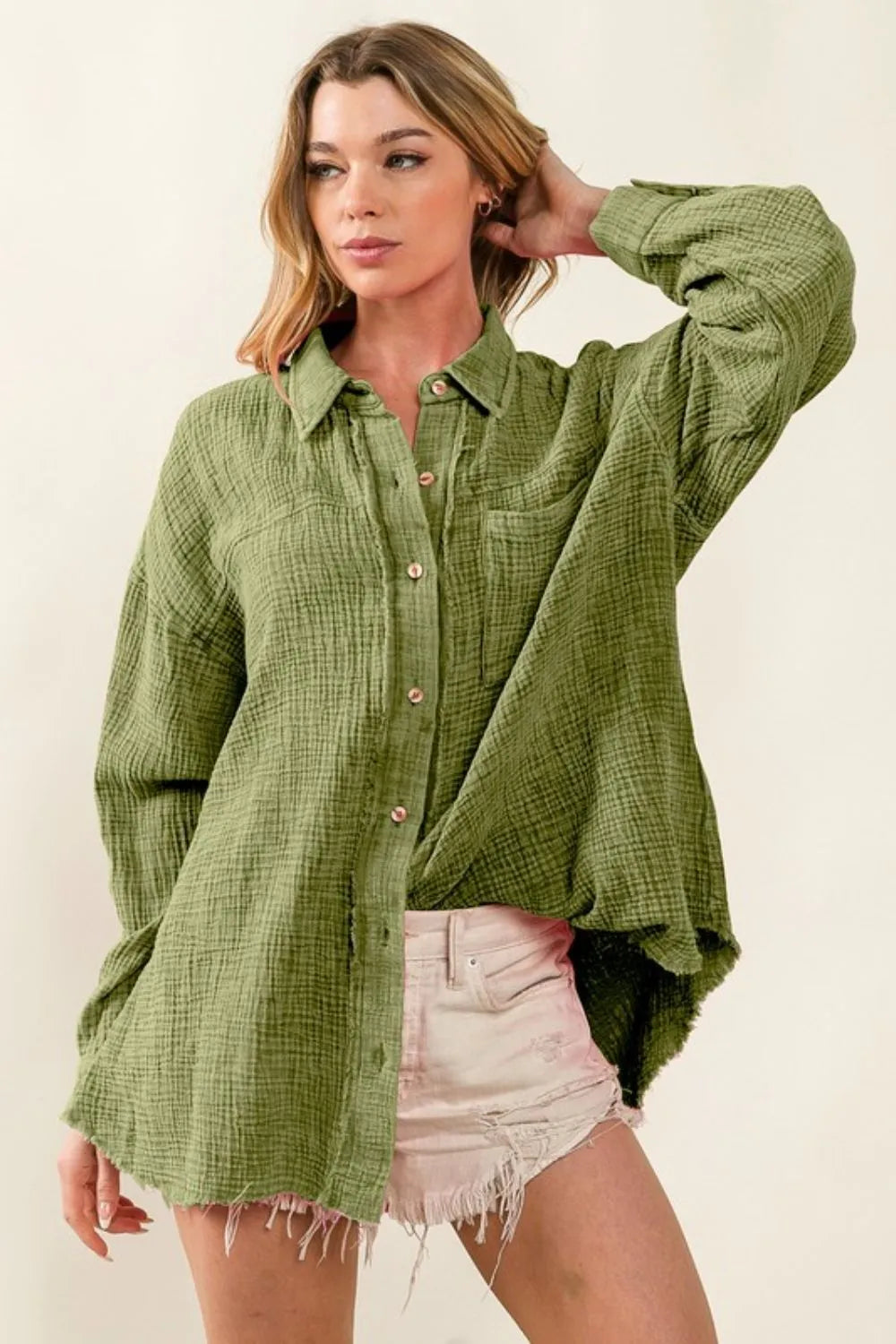 BiBi Raw Edge Detailed Mineral Washed Loose Fit Shirt - LoveNest Treasures