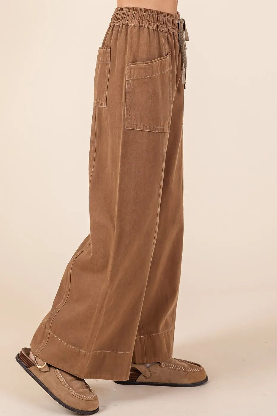 Mittoshop Mineral Wash Wide Leg Elastic Waist Twill Pants - LoveNest Treasures