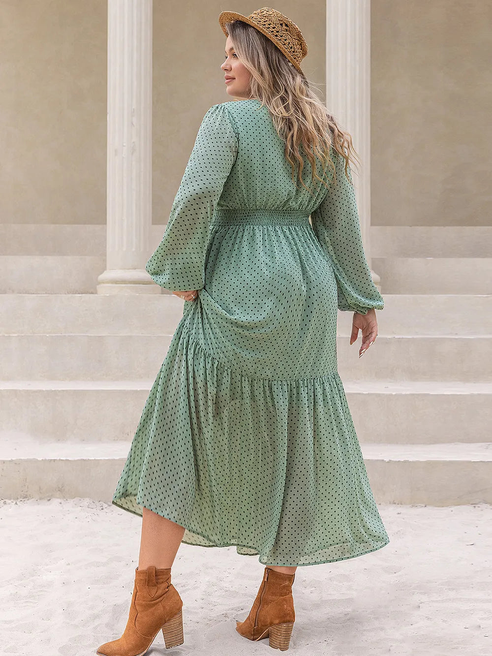 Plus Size Tassel Printed Tie Neck Long Sleeve Midi Dress - LoveNest Treasures