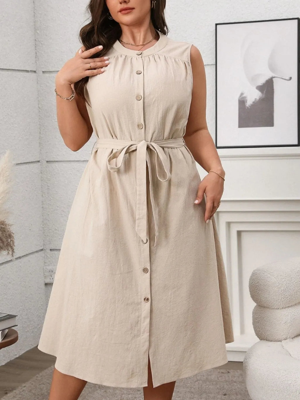 Plus Size Button Front Tie Waist Sleeveless Dress - LoveNest Treasures