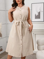 Plus Size Button Front Tie Waist Sleeveless Dress - LoveNest Treasures
