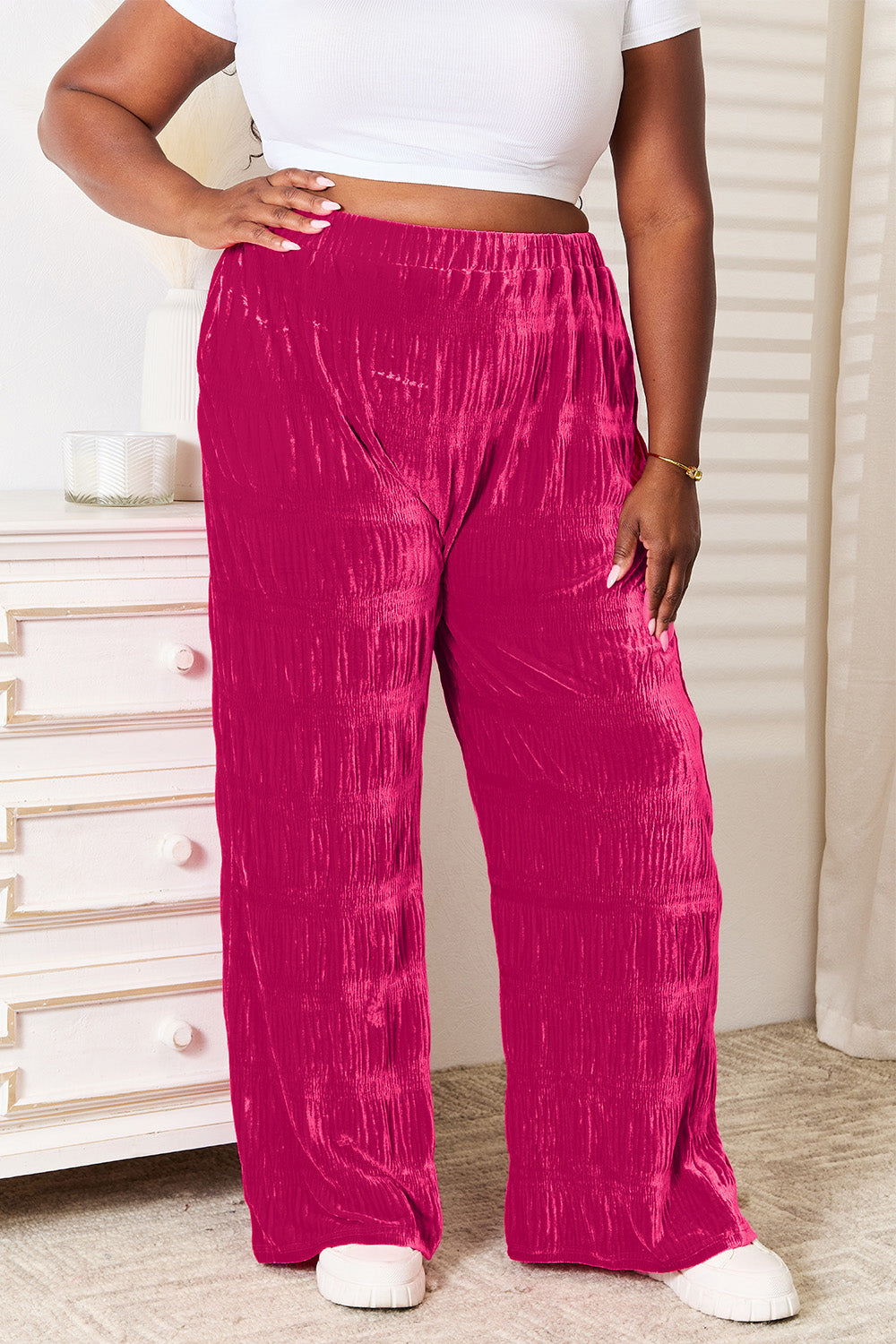 Double Take Full Size High Waist Tiered Shirring Velvet Wide Leg Pants - LoveNest Treasures