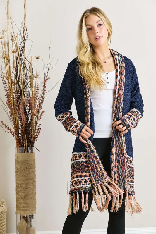 ADORA Full Size Fringe Hem Aztec Border Cardigan Plus Size - LoveNest Treasures