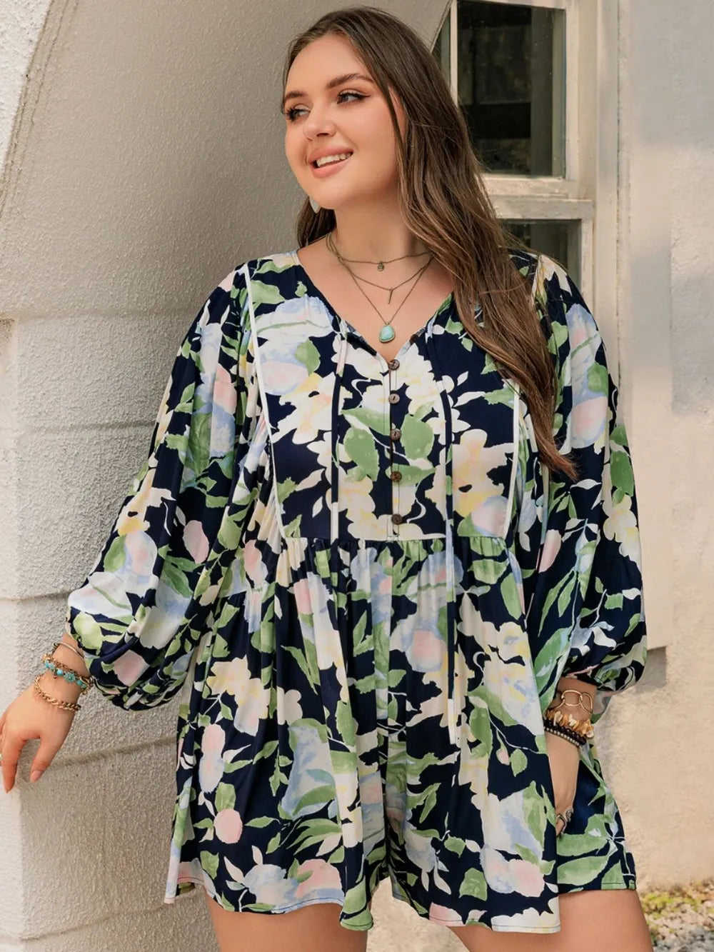 Plus Size Tied Printed Long Sleeve Romper - LoveNest Treasures