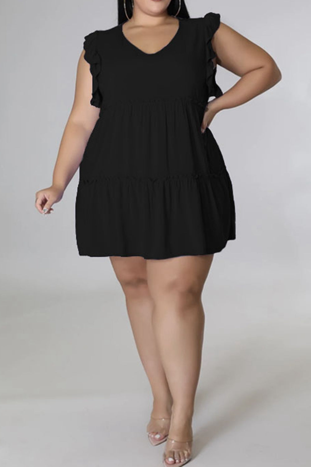 Plus Size V-Neck Frill Trim Mini Dress - LoveNest Treasures