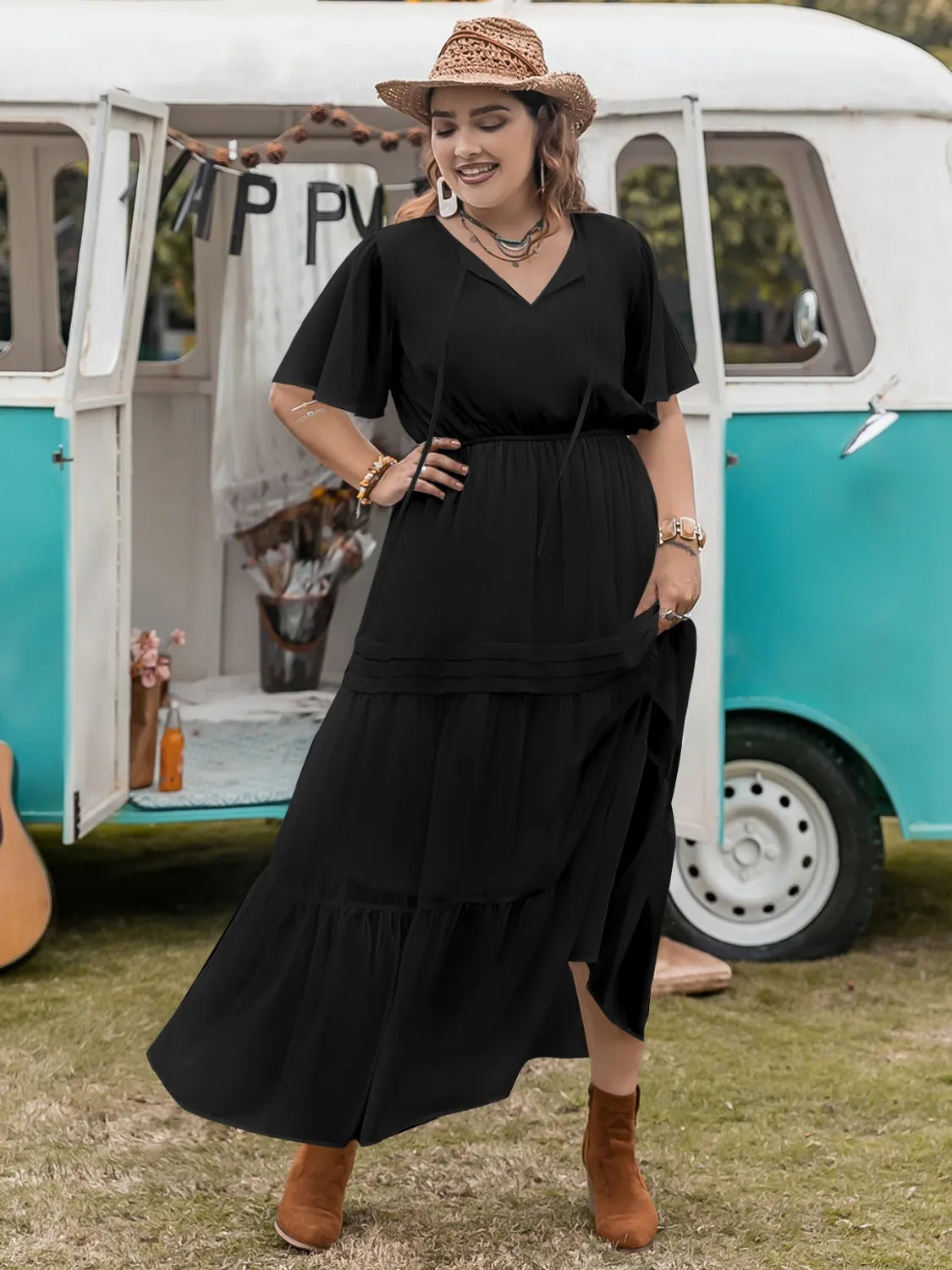 Plus Size Tie Neck Flutter Sleeve Dress - LoveNest Treasures