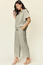 Double Take Full Size Texture Half Zip Short Sleeve Top and Pants Set - LoveNest Treasures