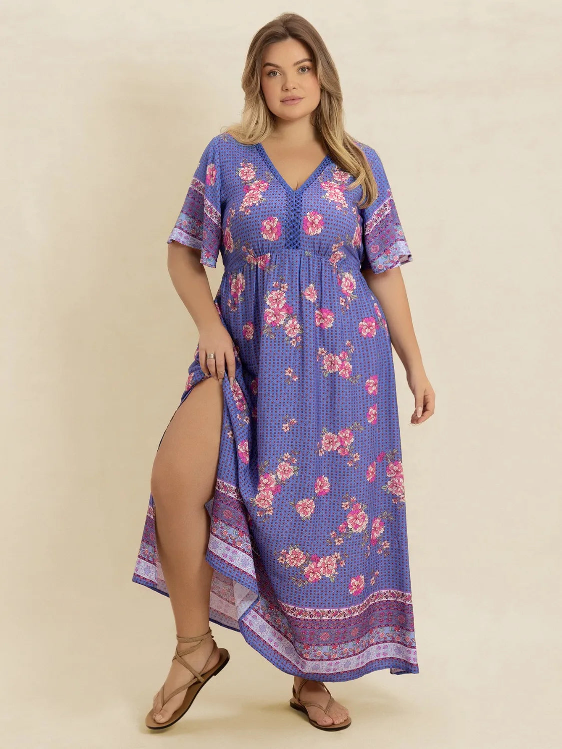 Plus Size Printed V-Neck Flutter Sleeve Dress - LoveNest Treasures