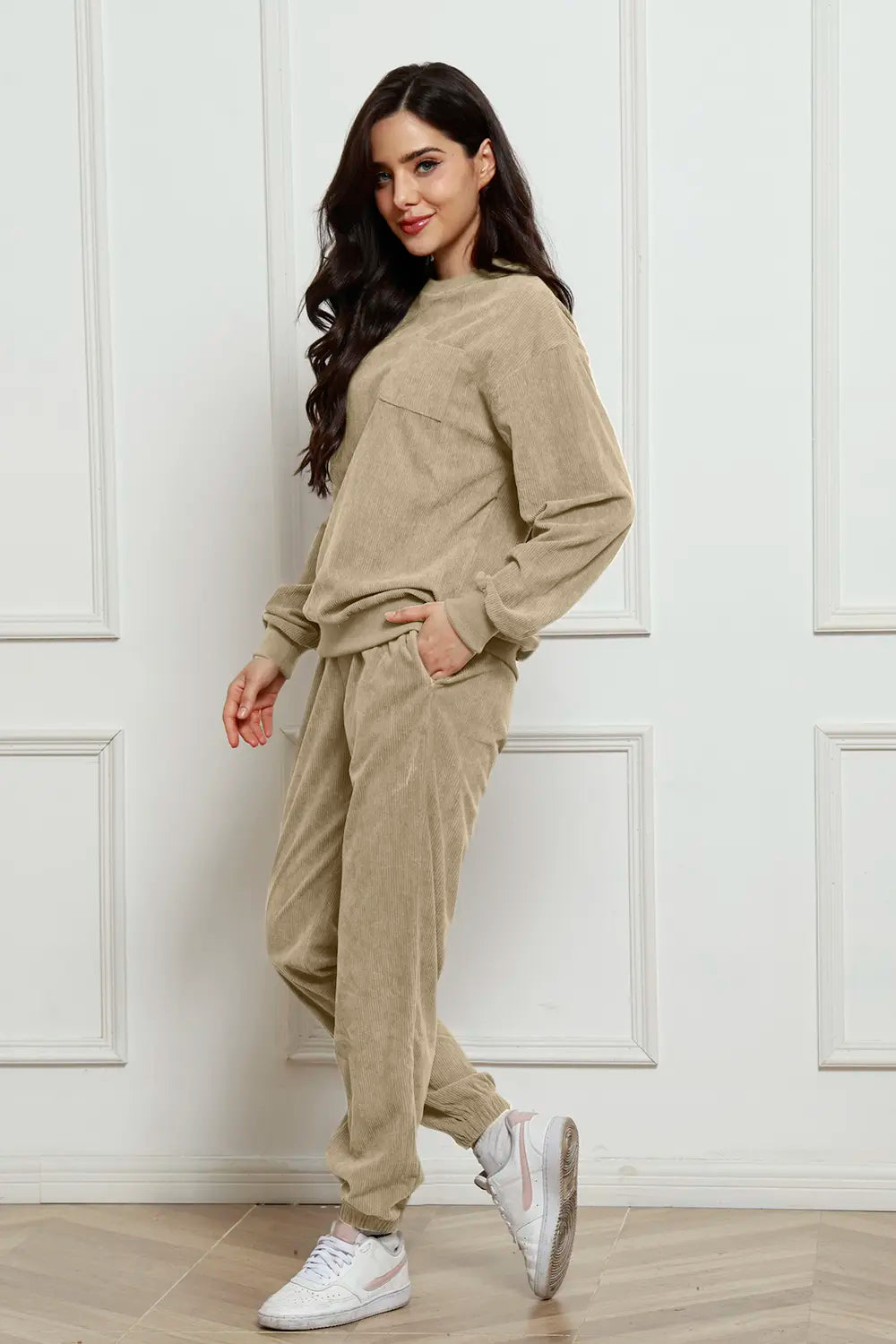 Corduroy Round Neck Sweatshirt and Sweatpants Set - LoveNest Treasures