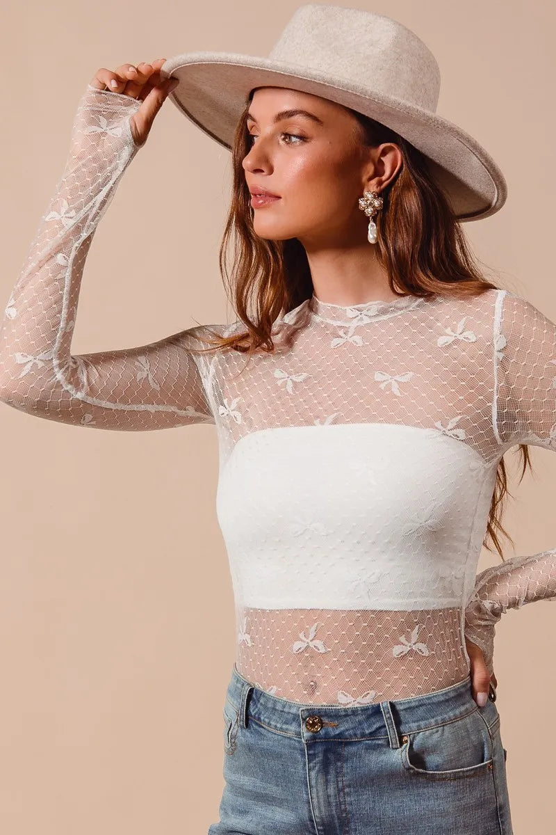 SO ME Bow Ribbon Pattern Sheer Lace Top - LoveNest Treasures