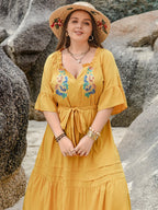 Plus Size Notched Tie Waist Half Sleeve Midi Dress - LoveNest Treasures
