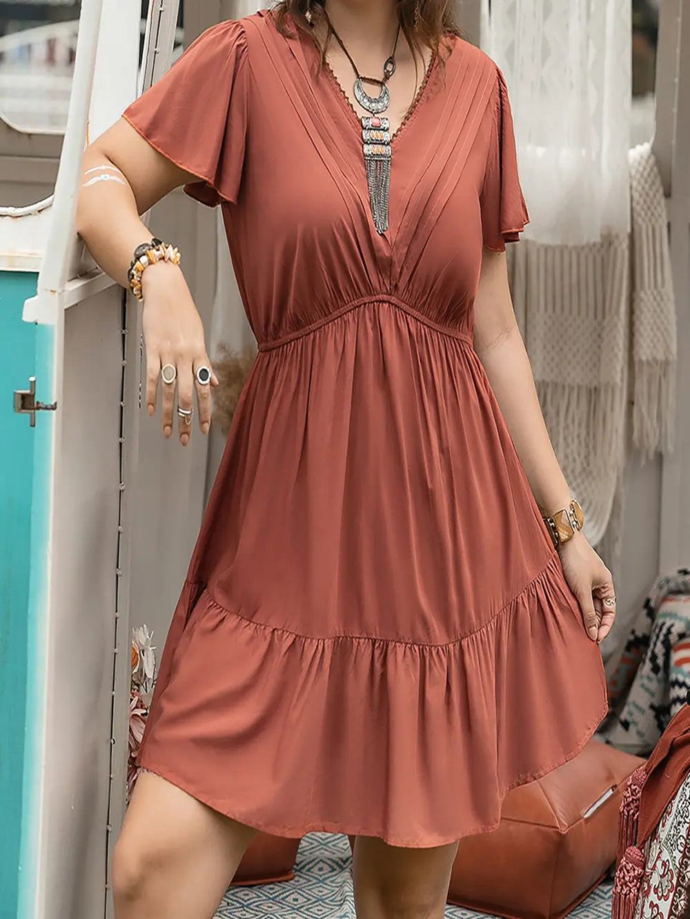 Plus Size Ruffle Hem V-Neck Short Sleeve Dress - LoveNest Treasures