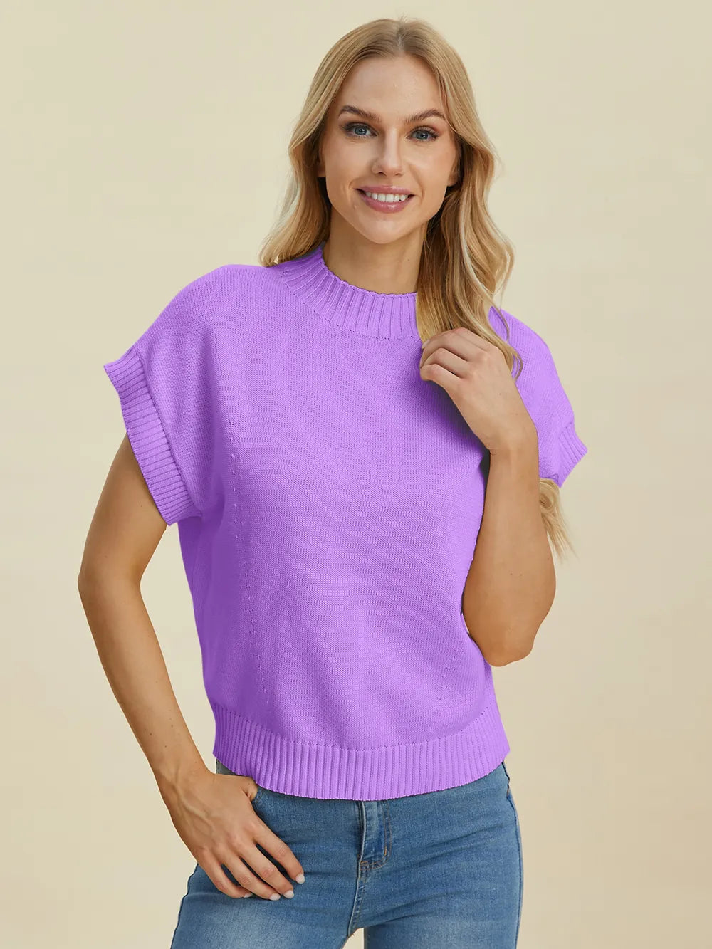 Double Take Full Size Mock Neck Short Sleeve Sweater - LoveNest Treasures