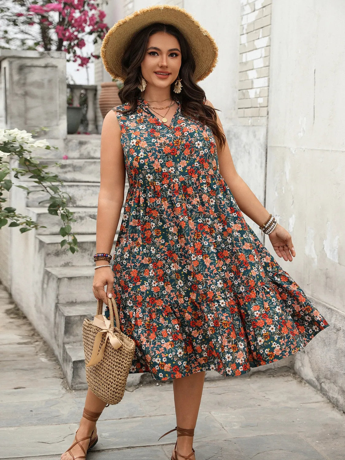 Plus Size Floral Notched Sleeveless Dress - LoveNest Treasures