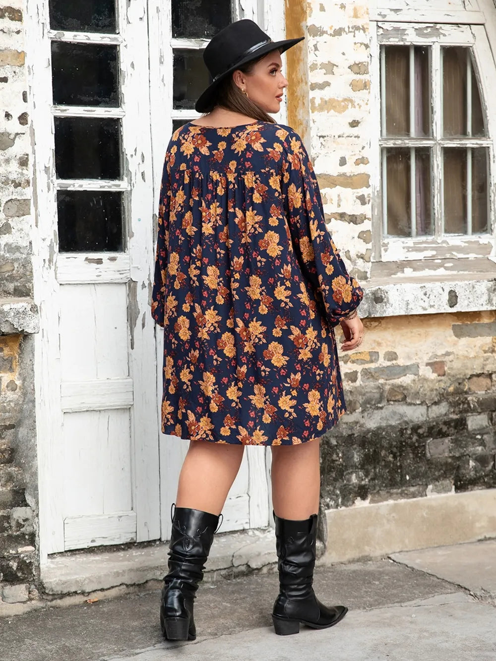 Plus Size Floral V-Neck Balloon Sleeve Dress - LoveNest Treasures