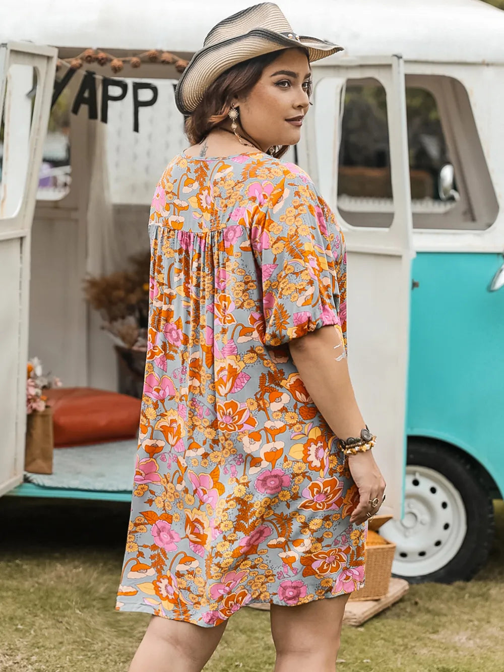 Plus Size Ruched Printed Half Sleeve Mini Dress - LoveNest Treasures