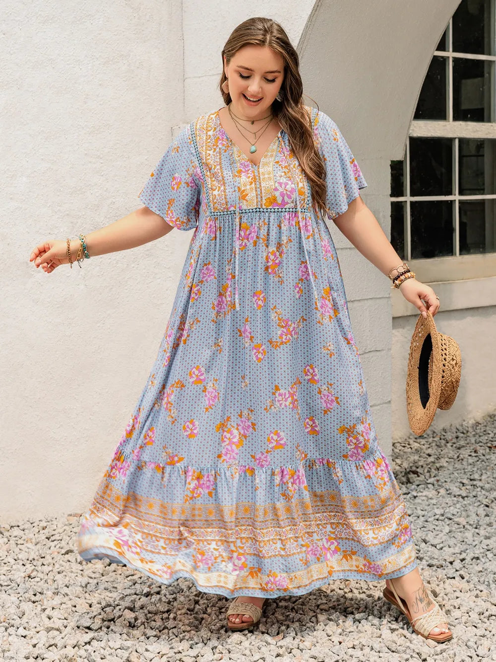 Plus Size Printed Tie Neck Flutter Sleeve Maxi Dress - LoveNest Treasures